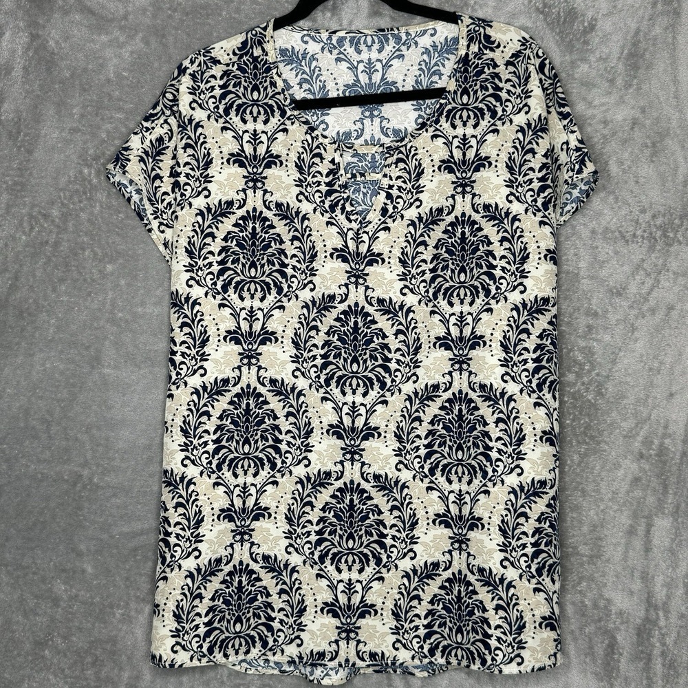 Emery Rose 3X Top Shirt Tan Blue Paisley Cap Short Sleeve Keyhole Scoop Neck - Picture 1 of 6